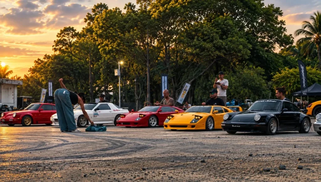 Mini electric & gas replicas of the Porsche 911, Ferrari F40 and AE86 lined up at sunset