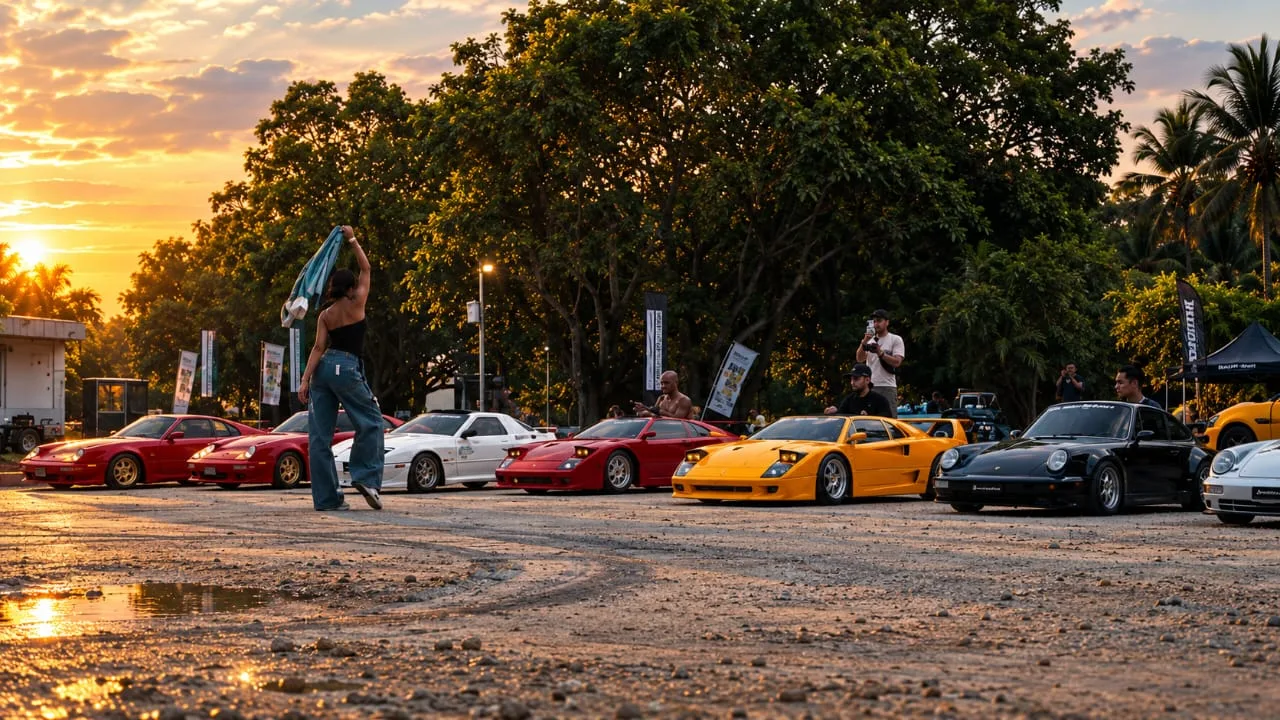 Mini sports car replicas lined up at sunset