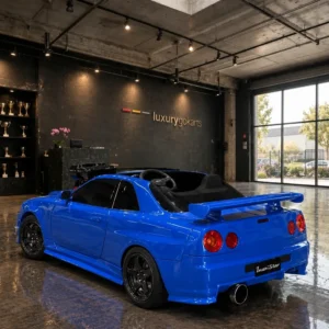 Luxury Go Karts Mini Nissan Skyline GT-R Electric Go Kart in Bayside Blue, rear three-quarter view