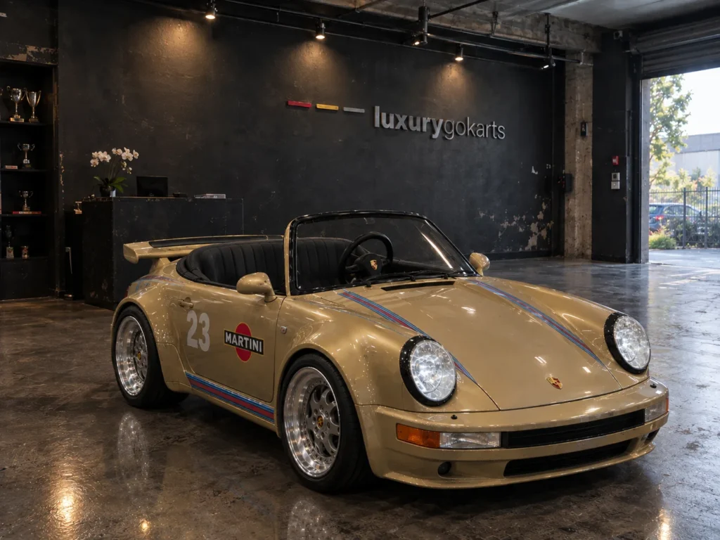 Mini Porsche 911 Electric Go Kart in Monaco Gold with #23 Racing Livery, front three-quarter view