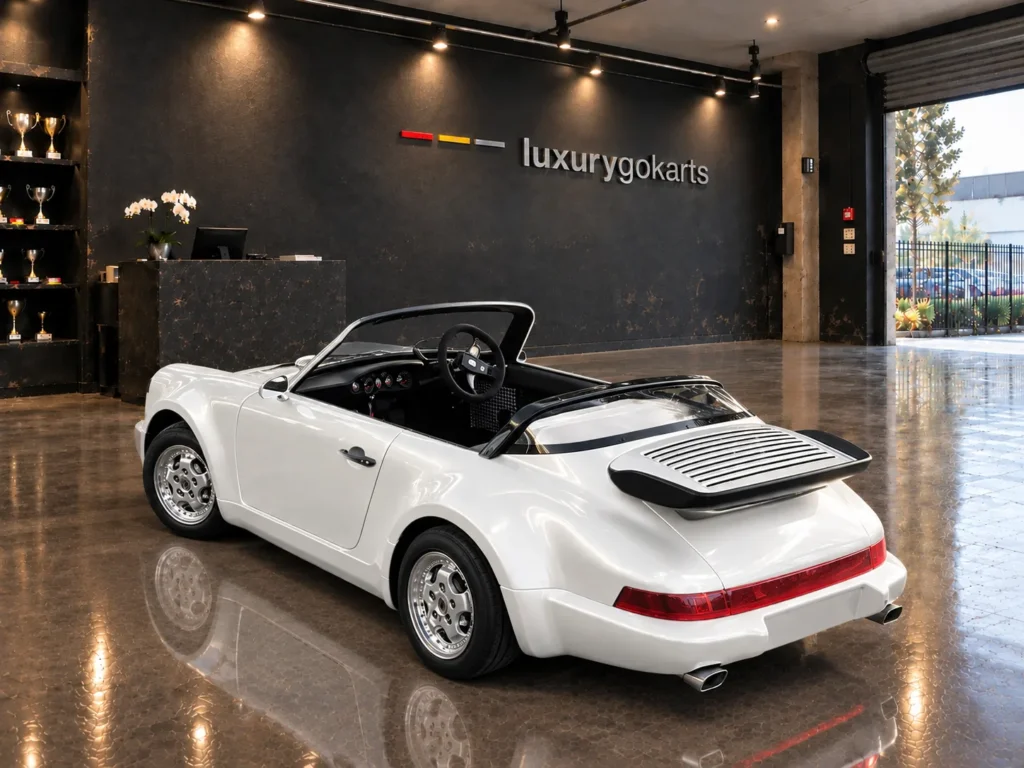 Mini Porsche 911 Electric Go Kart in Pearl White, rear three-quarter view