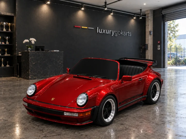 Mini Porsche 911 Electric Go Kart in Carrera Redline, front three-quarter view