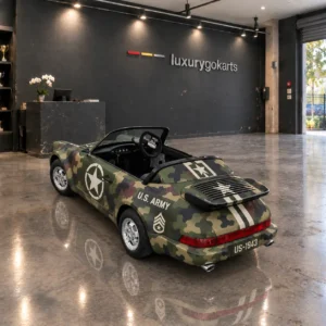 Luxury Go Karts Mini Porsche 911 Electric Go Kart in Military Camouflage, rear three-quarter view