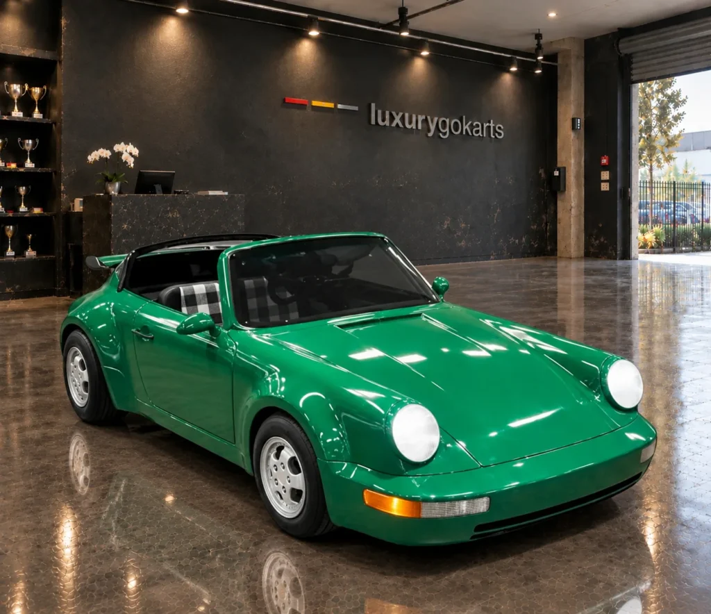 Mini Porsche 911 Electric Go Kart in Emerald British Racing Green, front three-quarter view