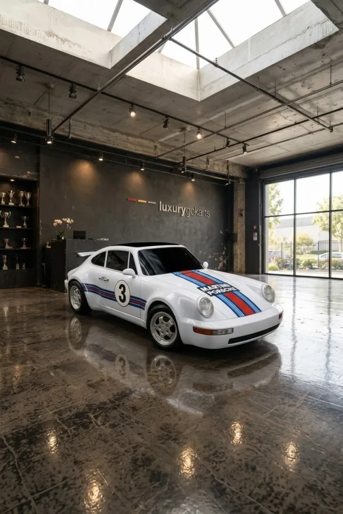 Mini Porsche 964 Electric Go Kart in Pearl White with #3 Racing Stripes, front three-quarter view
