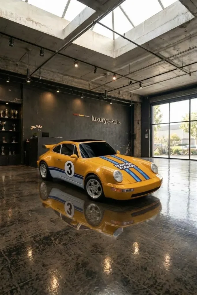 Mini Porsche 964 Electric Go Kart in Sunset Gold with #3 Racing Stripes, front three-quarter view