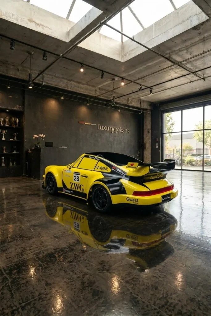 Mini Porsche 964 Electric Go Kart in Speed Yellow & Black Race Livery, rear three-quarter view