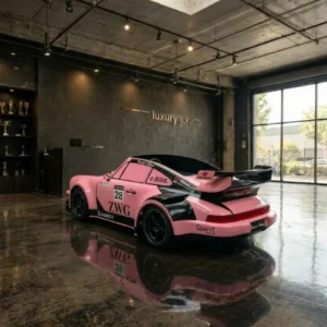 Luxury Go Karts Mini Porsche 964 Electric Go Kart in Rosenblush Pink & Black Race Livery, rear three-quarter view