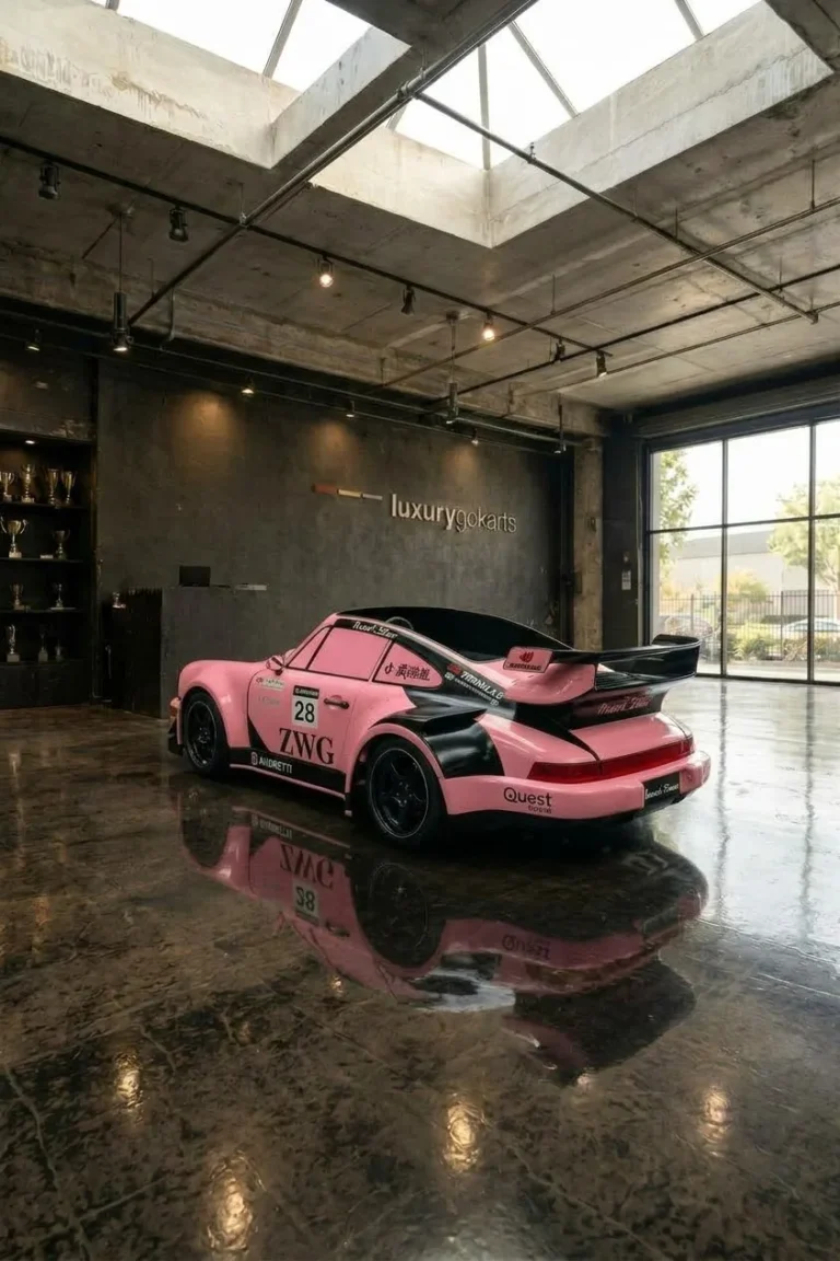Luxury Go Karts Mini Porsche 964 Electric Go Kart in Rosenblush Pink & Black Race Livery, rear three-quarter view