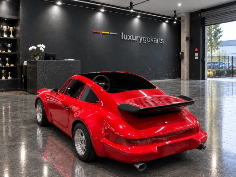 Mini Porsche 964 Electric Go Kart in Racing Red, rear three-quarter view showing the rear wing