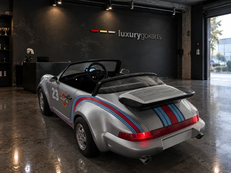 Mini Porsche 911 Electric Go Kart in Arctic Silver with #23 Racing Livery, rear three-quarter view