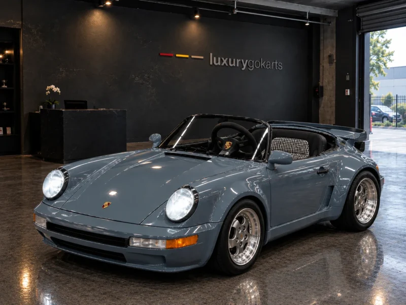 Mini Porsche 911 Electric Go Kart in Slate Gray, front three-quarter view