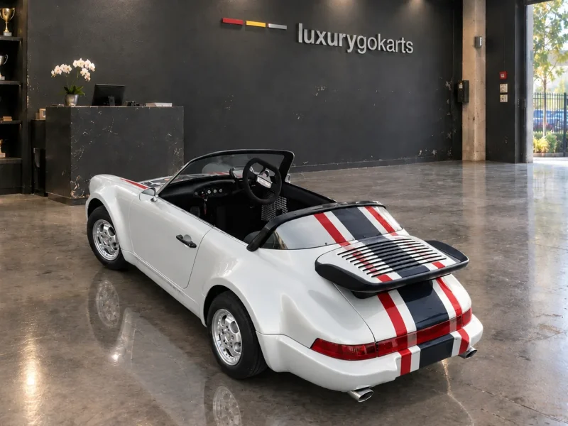 Mini Porsche 911 Electric Go Kart in Pearl White with Red & Black Racing Stripes, rear three-quarter view