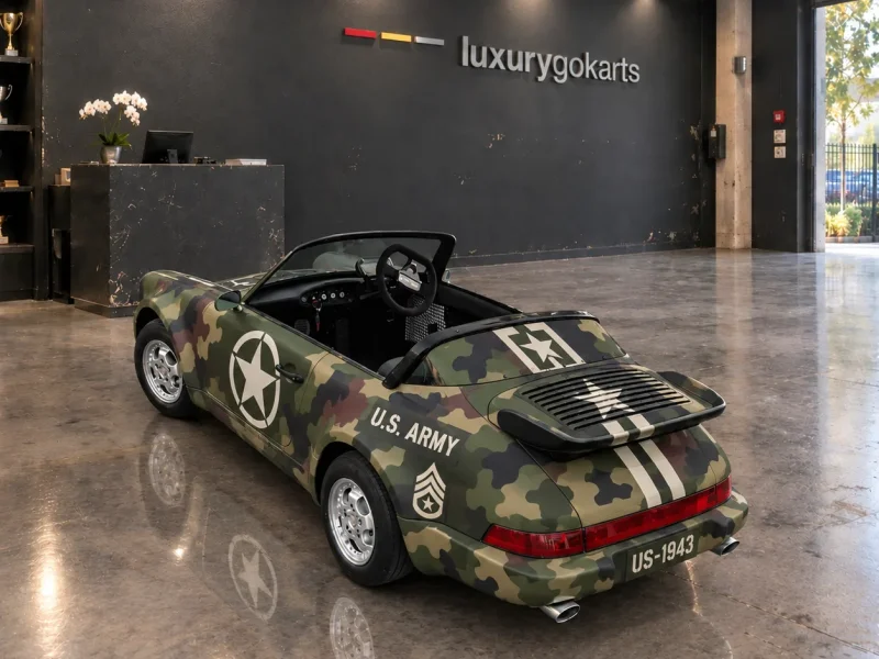 Luxury Go Karts Mini Porsche 911 Electric Go Kart in Military Camouflage, rear three-quarter view