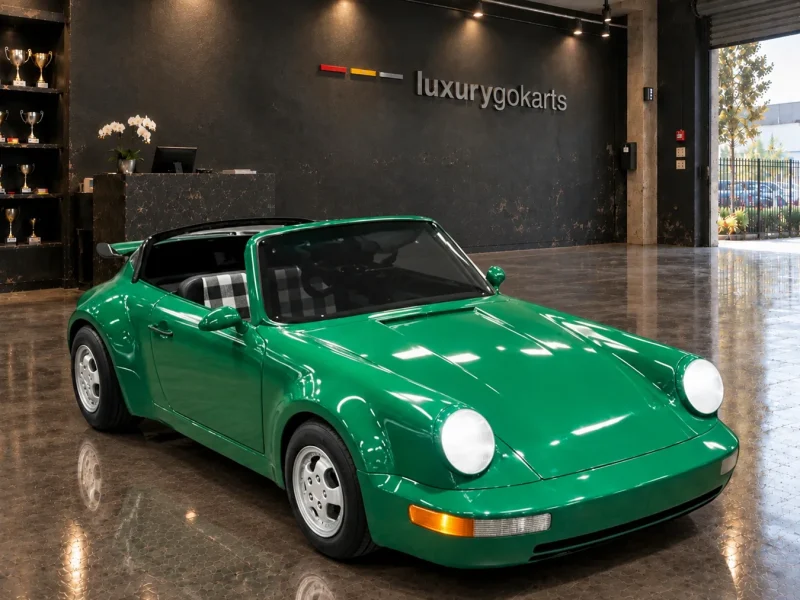 Mini Porsche 911 Electric Go Kart in Emerald British Racing Green, front three-quarter view