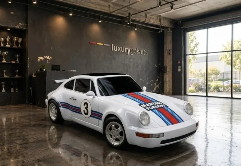 Mini Porsche 964 Electric Go Kart in Pearl White with #3 Racing Stripes, front three-quarter view