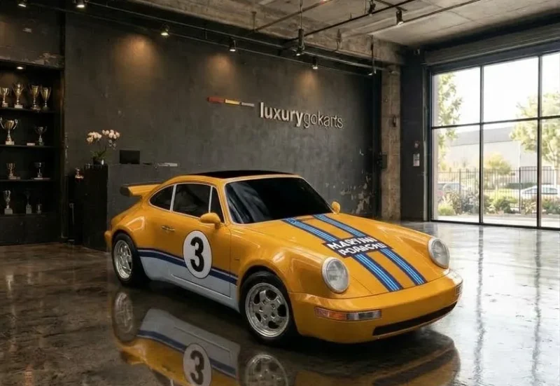 Mini Porsche 964 Electric Go Kart in Sunset Gold with #3 Racing Stripes, front three-quarter view