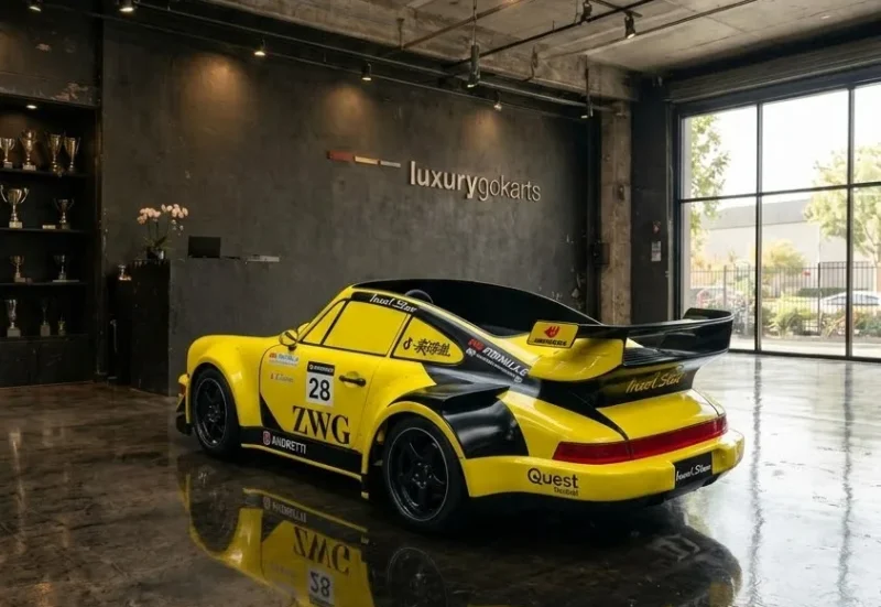 Mini Porsche 964 Electric Go Kart in Speed Yellow & Black Race Livery, rear three-quarter view