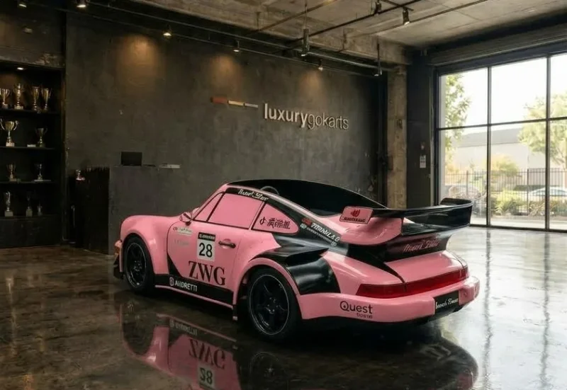 Luxury Go Karts Mini Porsche 964 Electric Go Kart in Rosenblush Pink & Black Race Livery, rear three-quarter view
